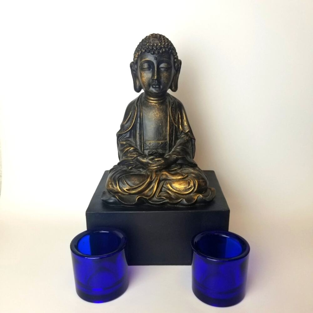Buddha Figurine Set with 2 glass candle holders